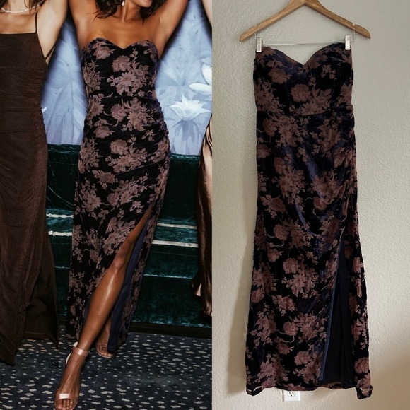 Navy Blue Floral Burnout Velvet Strapless Maxi Dress Medium - Picture 1 of 9